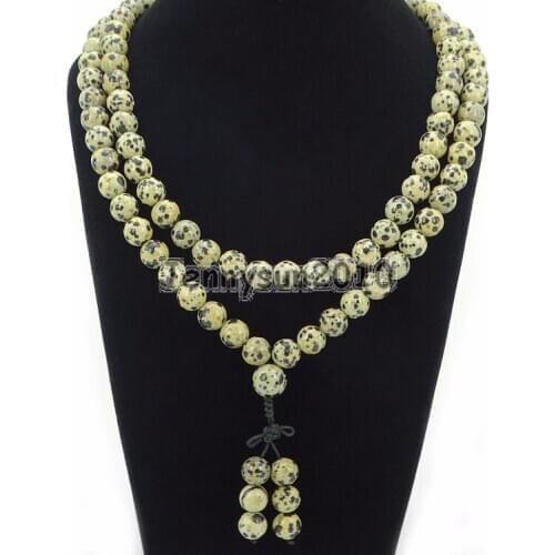 Natural Dalmation Spot 10mm Gems Stone Buddhist 108 Beads Prayer Mala Long Necklace Multi-Purpose 5Strand/Pack