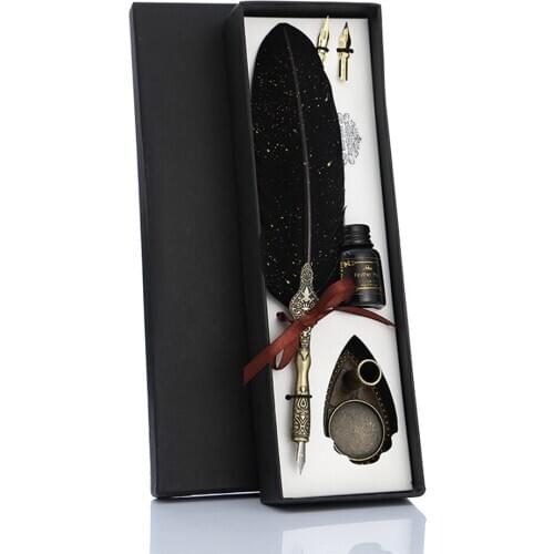 Retro Calligraphy Feather Dip Pen with 2 Nib Set Writing Gift Box Quill Fountain Writing Creative Vintage Stationery Classic Tex