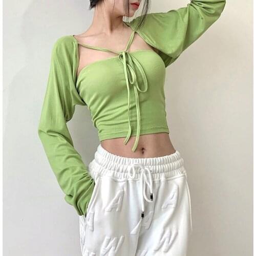 Korean Avocado Green Crop Tops Women Autumn New Two-piece Blouse Short Coat Sunscreen Casual Top Female