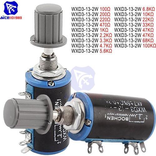 WXD3-13-2W Wirewound Potentiometer Resistance 100R 470R 1K 4.7K 10K 22K 47K 100KΩ Ohm Linear Rotary Potentiometer with Knob