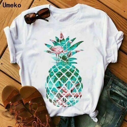 Umeko 2020 o-neck casual summer printing womens T-shirt flamingo pineapple print 2020 new fashion short-sleeved top Plus size