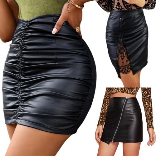 Womens Mini Pencil Skirt, Sexy High Waist Faux Leather Solid Color Ruched Bodycon Skirt