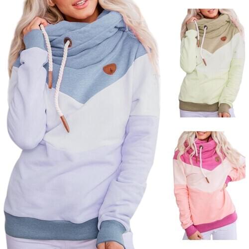 Women Casual Color Block Patchwork Drawstring Leisure Long Sleeve Hoodie Sweatshirt Pullover