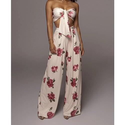 Floral Crop Top Long Pant Two Piece Set Women Summer Sexy Off Shoulder Knotted Tops Wide Leg Pants Party 2 Piece Sets