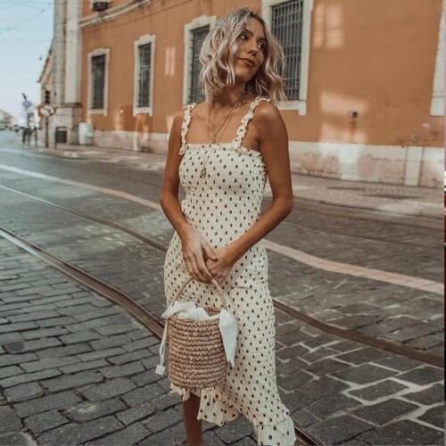 Women Pleated Ruffles Dress Sexy Boho Spaghetti Strap Polka Dot Knee Length Dress Street Wear Summer Sleeveless bodycon dresses
