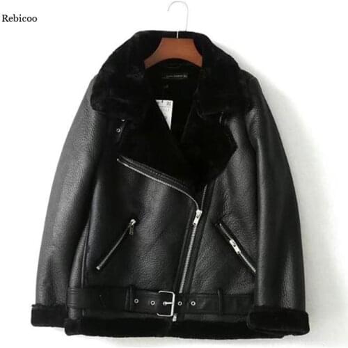 Winter Coat Slim Sashes PU Faux Leather Jacket Coat Women Solid Zipper Casual Thick Warm Wool Lamb Jackets Outwear Female Tops