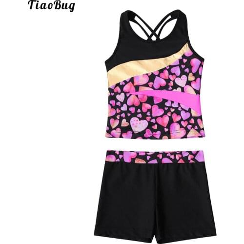 TiaoBug Summer 2Pcs Kids Girls Swimming Suit Round Neck Straps Cross At Rear Color Contrast Patchwork Print Tops And Shorts Set