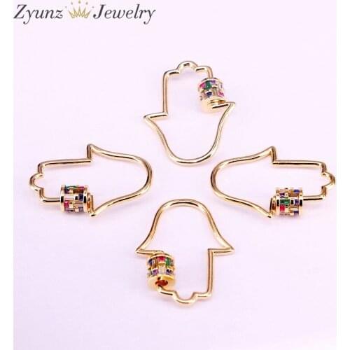 6PCS, 24*31mm, Screw on hamsha hand Clasp for metal chain and cord, Gold Color Rainbow CZ Pave Lock