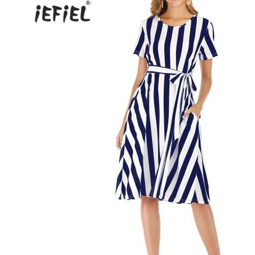 Maternity Elegant Dress Womens Pregnant O-Neck Short Sleeve Striped Knee Length Clothes Pregnancy Formal Party Evening Dress