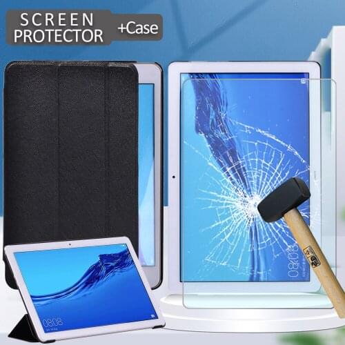 Tablet Case for Huawei MediaPad T3 10 9.6-inch/T5 10 10.1-inch PU Leather Smart Trifold Solid Color Stand Cover + Tempered Film
