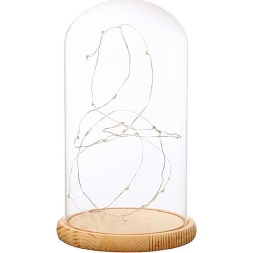 Rustic Cloche Style Glass Dome Bell Jar Wooden Base with LED Fairy Lights