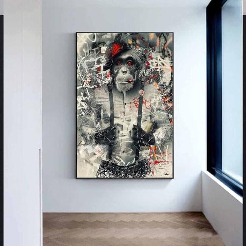 Graffiti Smoking Monkey In Suit Wall Art Poster And Prints Funny Animal Canvas Painting On Wall Picture For Room Decor