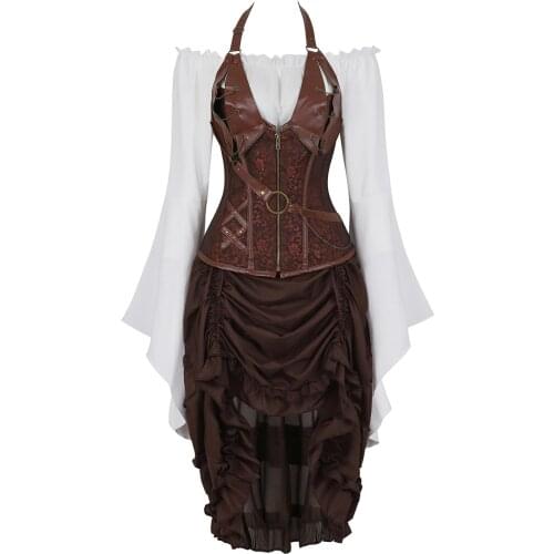 Corset Bustiers with Pirate Skirt and Blouse Halter Faux Leather Korsage Sexy 3 Piece Carnival Dance Party Costumes Steampunk