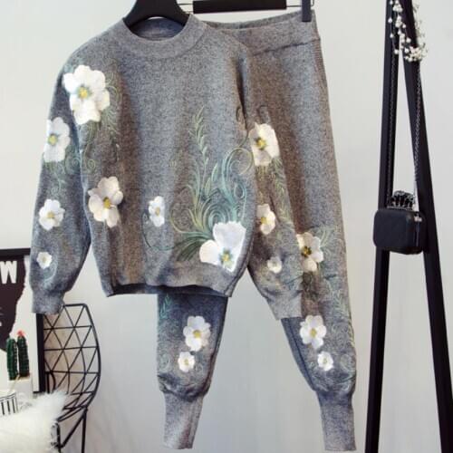 Winter 2 Piece Sets Women Embroidery Knitted Sweatshirt Pant Suits Elastic Waist Pant Pullovers Tracksuit