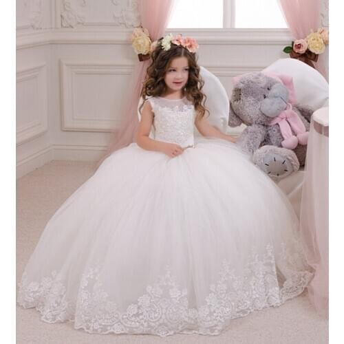 Cute Flower Girl Dresses For Weddings Ball Gown Tulle Appliques Lace Beaded Long First Communion Dresses For Little Girls