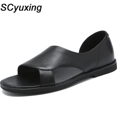 2020 Summer Mens Cow Leather Sandals Soft Leather Anti-Slip Sandals for Beach Man Casual Sandal Shoes