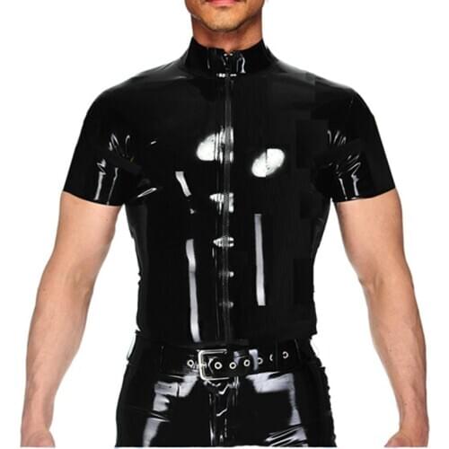 Mens Wetlook PVC Leather T Shirts Tops Black Punk Tight Fitness Clothing Short Sleeve Zipper Mens Stage Tops Sexy Party Clubwear