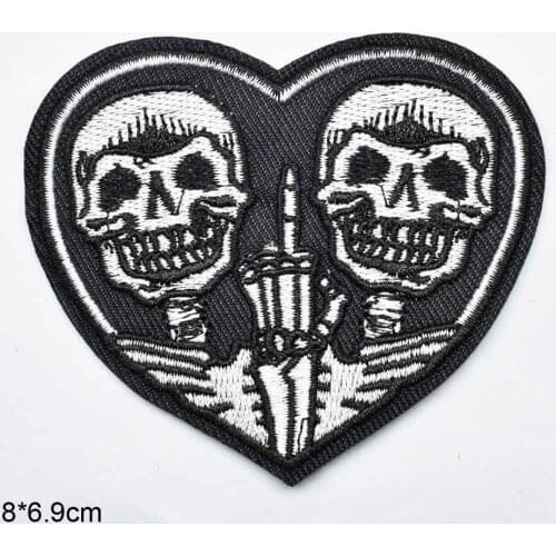 Heart Shape Two heads Skull Punk Iron On Embroidered Clothes Patches For Girl Woman Clothing Stickers Garment Wholesale