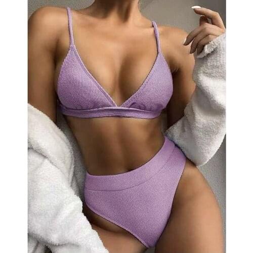New 2021 Elegant Purple Women High Waisted Bikini Set Female Sexy Two-Pieces Bathing Suit Separate Swimwear Ribbed Beach Biquini