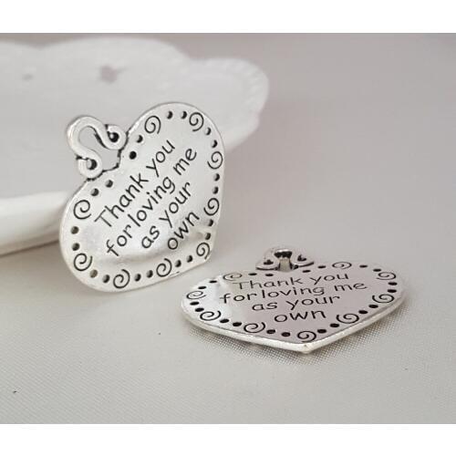 50pcs 35*38mm Ancient silver color Heart Shape lettering Thank you for loving me as your own wedding charm pendant DIY