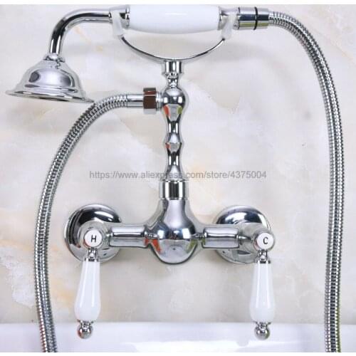 Polished Chrome Silver Wall Mounted Bathroom Faucet Mixer Tap With Ceramic Handle Hand Shower Head Shower Faucet Sets Nna214