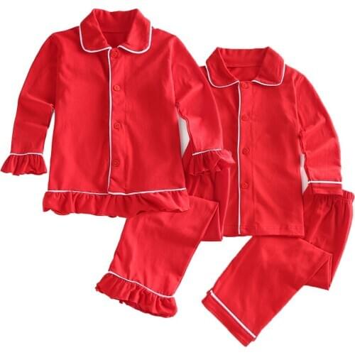 Christmas Classic Kids clothing soft cotton solid cute red pajamas winter with ruffle girl kids full sleeve pyjamas sleepwear
