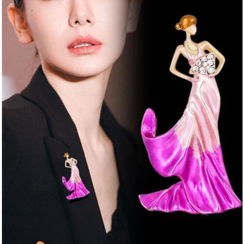 Pink Purple Dress Dancer Brooches Women Alloy Czech Rhinestone Fan Lady Weddings Banquet Brooch Pins New Year Gifts