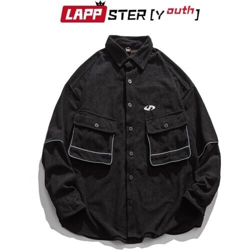 LAPPSTER-Youth Men Harajuku Pockets Shirts Long Sleeve 2021 Man Black Desginer Streetwear Hip Hop Chammy Shirts Vintage Clothing