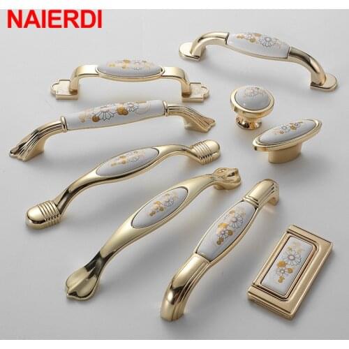 NAIERDI Chinese Creamic Gold and White Cabinet Handles Zinc Alloy Drawer Pulls Kitchen Door Knobs Furniture Handle Door Hardware