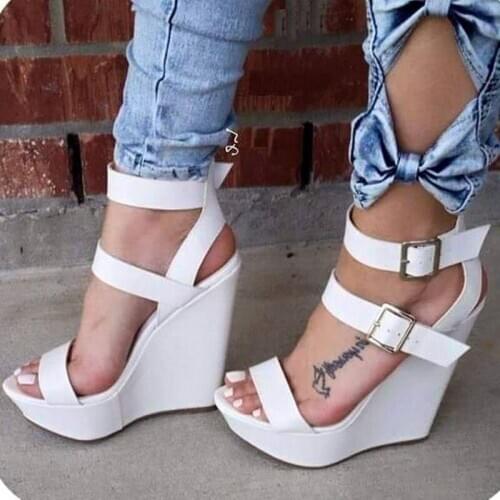 SHOFOO shoes.Elegant fashion womens shoes , white leather, about 13 cm slope with sandals, ladies sandals. SIZE:34-45