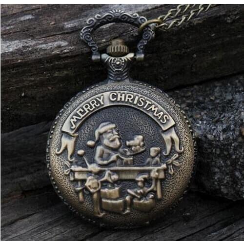 Vintage antique bronze Merry christmas big size quartz pocket watches woman man kid pendant christmas gift
