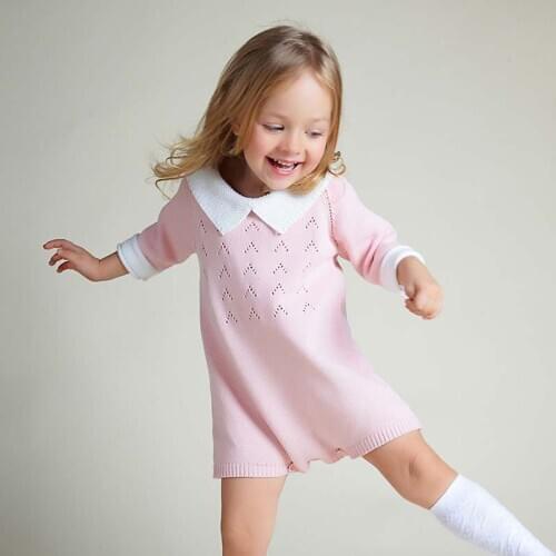 Baby Girl Pink Knitted Romper Cute Girls Peter Pan Collar Pure Cotton Jumpsuits Clothes Kids Spring Single Button Solid Overall