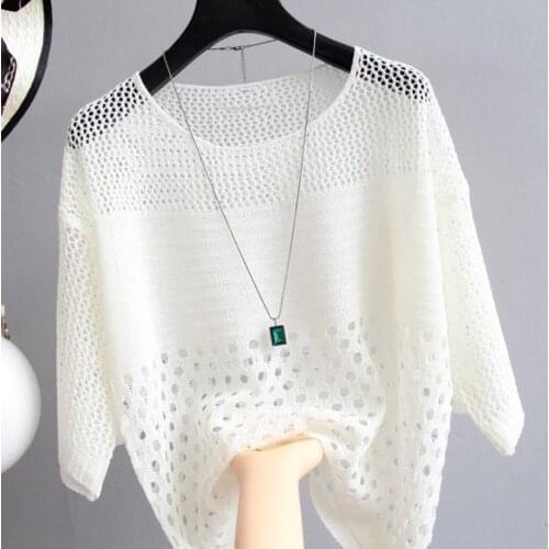 Women Summer New Batwing Sleeve O-neck Solid Pullovers Sweater Hollow Out Knitted Loose Sweater Thin Shirt