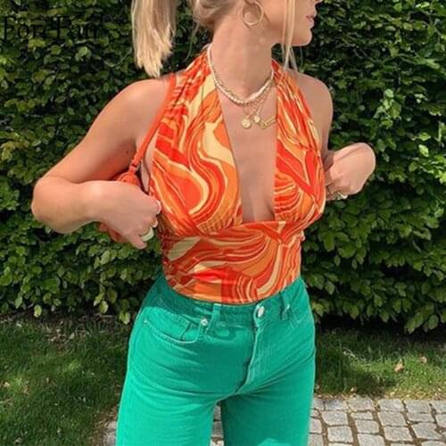 Forefair 2021 Bandage Halter Neck Women Tank Tops Backless V Neck Print Off Shoulder Sleeveless Tie Dye Sexy Y2k Crop Top Summer