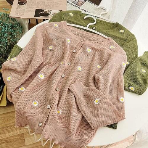 Women Knitted Cardigans Fashion Loose Sweater Spring Summer V-Neck Single-breasted Long Sleeve Embroidery Female Cardigan