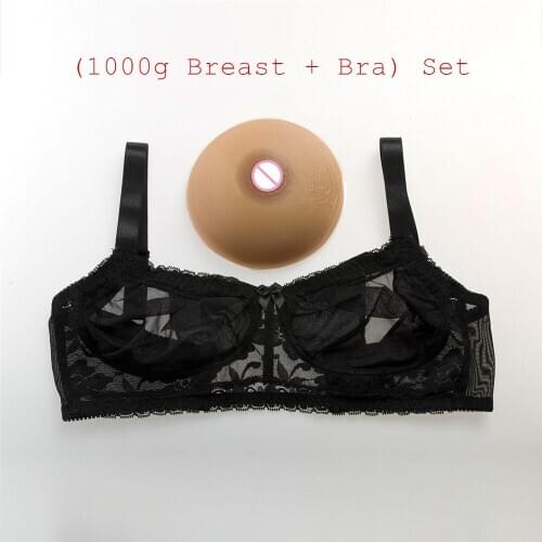 1000g/pair Brown Silicone Breast Form+Sexy Black Transparent Lace Pocket Bra ) Crossdresser Silicone Tits Boobs With Bra Set