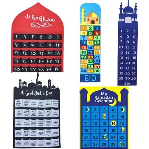 2021 Eid Mubarak 30days Advent Calendar Ramadan Kareem Hanging Felt Countdown Calendar with Pocket Ramadan Decoration 10 Kinds