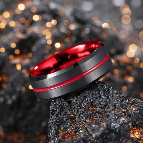 2021 Classic 8mm Mens Red Groove Beveled Edge Black Tungsten Men Wedding Rings Black Brushed Male Bridal Engagement Ring