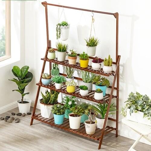3 Layers 50/70/100cm Bamboo Wooden Plant Shelves Pot Garden Flower Rack and Stands for Indoor Outdoor Balcony Display Shelf