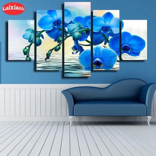 5D round Diamond Abstract art, blue flowers Embroidery Diamond Painting Full Square Mosaic Cross Stitch Handmade Gift5 PCS