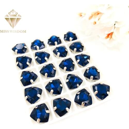 Free shipping 12mm Fat Triangle Ink blue High quality Glass Crystal sew on rhinestones sliver base with hole diy accessories