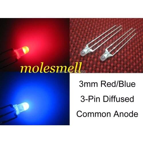 Free shipping 50pcs 3mm Dual Bi-Color diffused Red/blue Bright 3-Pin Led Common Anode Leds Lamp 3mm R/B 3PIN led