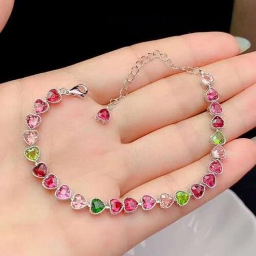 Elegant romantic heart Peach natural multicolor tourmaline Bracelet Natural gemstone bracelet S925 silver women party jewelry