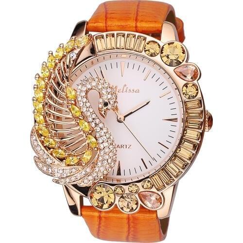 Melissa Gorgeous Jewelry Watches for Women Personalized Big Size Rhinestone Swan Watch 3D Animal Genuine Leather Montre Femme