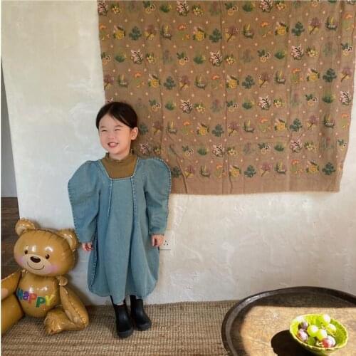 2021 Korea style girls denim dress fashion cotton puff sleeve autumn girls dresses