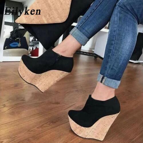 Eilyken Spring Autumn Fashion Flock Round Toe Zip Cork Platform Wedges Heel Mules Sexy Woman Pumps Nightclub Shoes