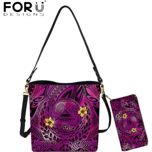 FORUDESIGNS Samoa Tribal Polynesian Hibiscus Luxury Designs Women Pu Bags Set Casual Crossbody With Purse Luxury Messenger Sac