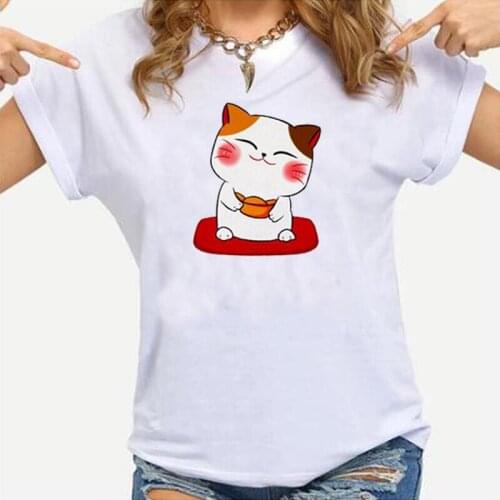 Harajuku Shirt Cute Lucky Cat Print Tee Shirt Femme Summer Casual T Shirt Women Tops Plus Size Women T-shirt Camiseta Mujer