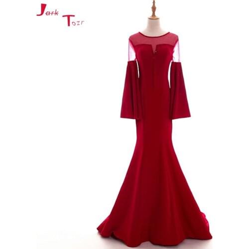 Jark Tozr Custom Made Long Sleeve Formal Gowns Robe De Soiree Shiny Beading Red Satin Mermaid Evening Dresses Abendkleider