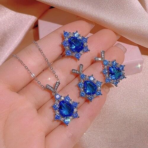 Blue Crystal Topaz Diamonds Gemstones Rings Pendant Earrings for Women White Gold Filled Jewelry Precious Gifts Accessories New